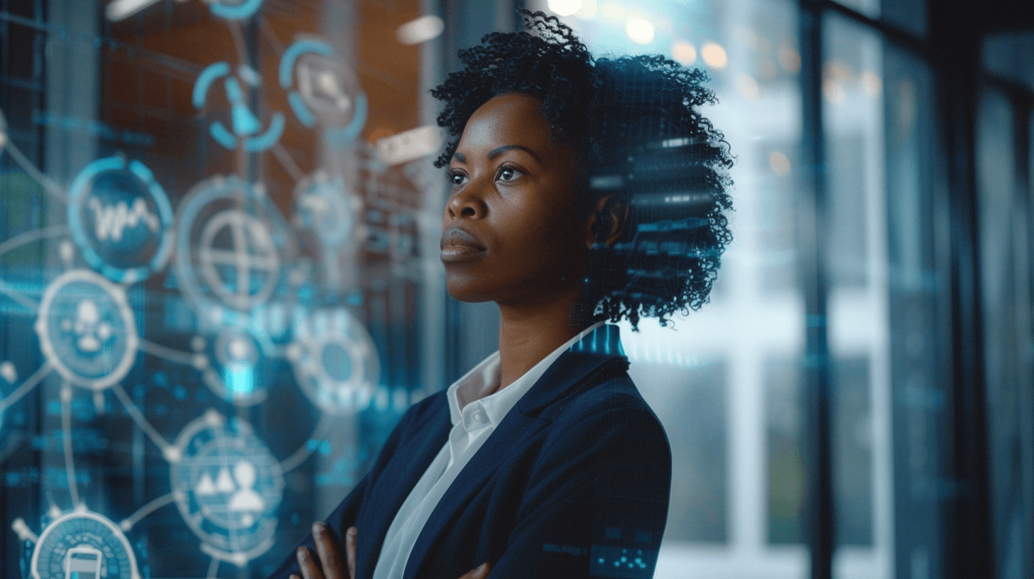 Leidinggevende in gesprek met een subtiel lichtgevende AI-assistent — symbool voor hoe technologie menselijk leiderschap versterkt.