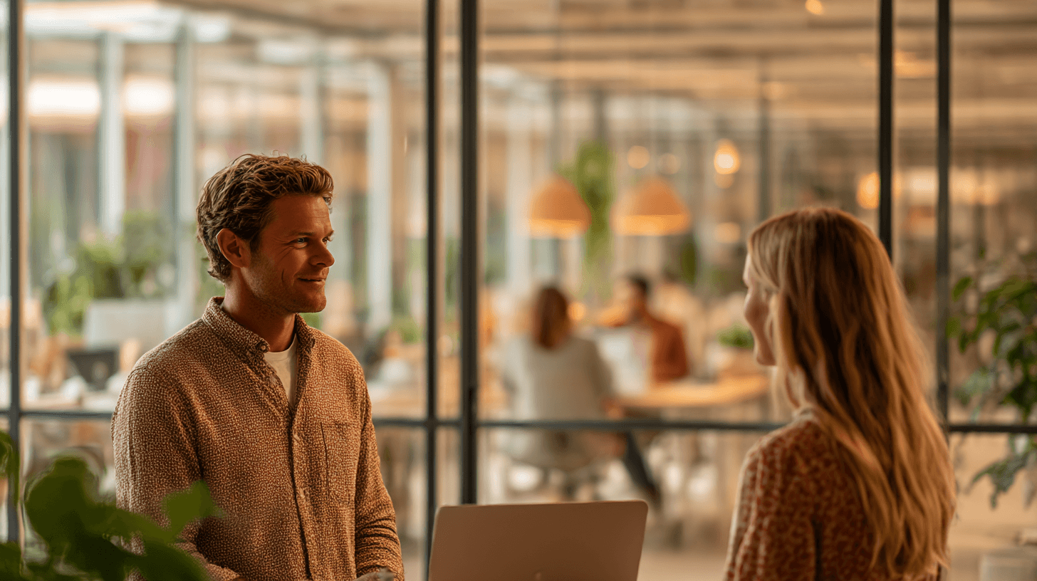 Twee collega’s voeren een informeel check-in gesprek